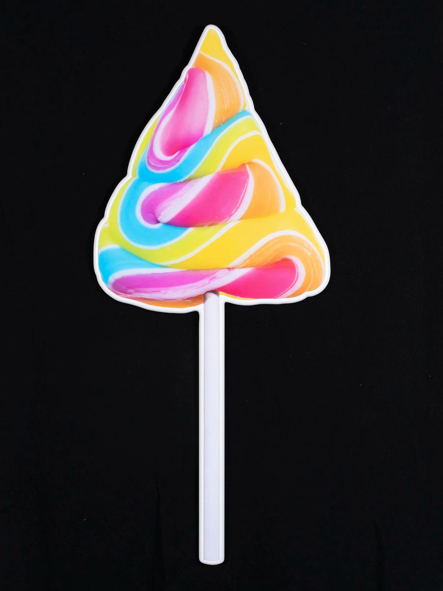 bright pink, blue and yellow lollipop - photographic sculpture wall art by Rory Fink – limited edition shaped print