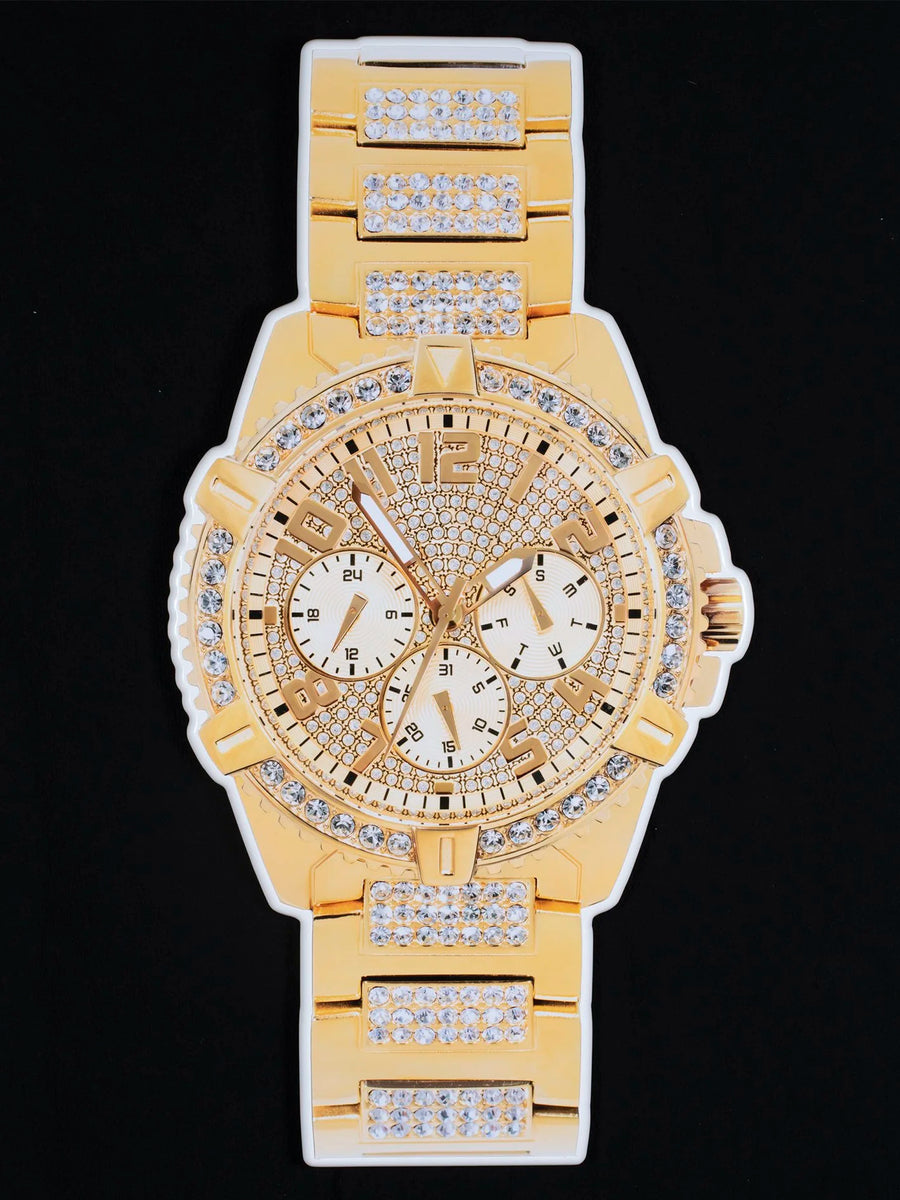 Gold timepiece with diamonds photographic wall sculpture by Rory Fink – fashion pop art