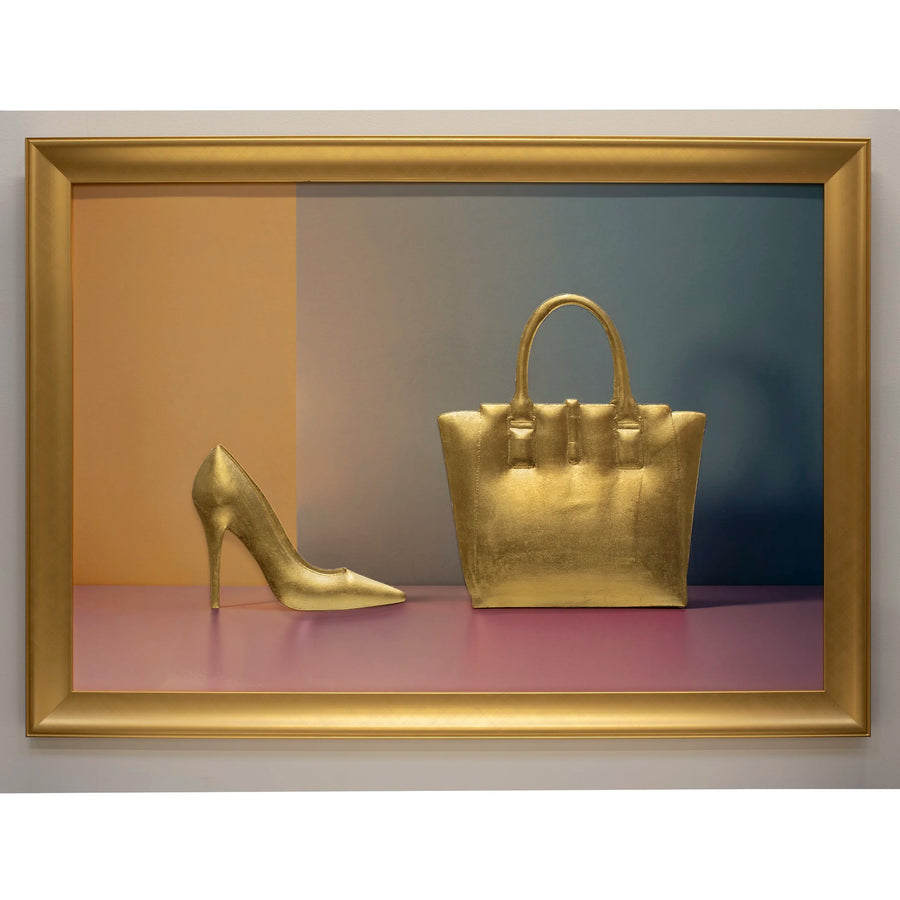 24k Gold Leaf 3D Shoe and Handbag Sculpture: Photographic Art on Bold Colour Background – Original Art by Rory Fink