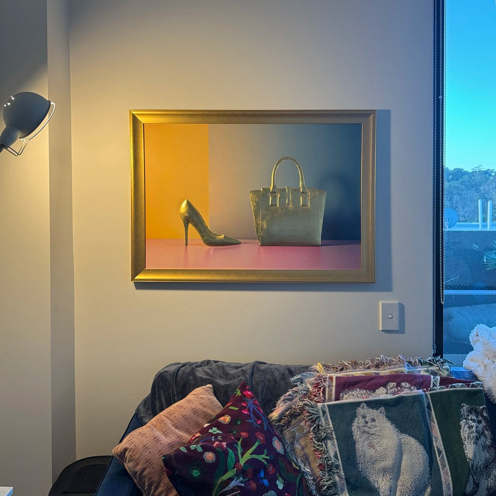 24k Gold Leaf 3D Shoe and Handbag Sculpture: Photographic Art on Bold Colour Background – Original Art by Rory Fink in living room