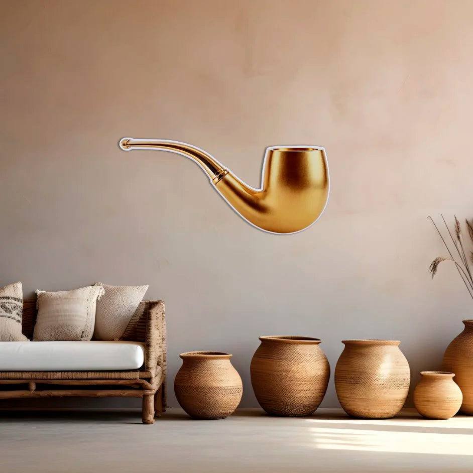 Gold pipe photographic wall sculpture by Rory Fink – fashion pop art in room example