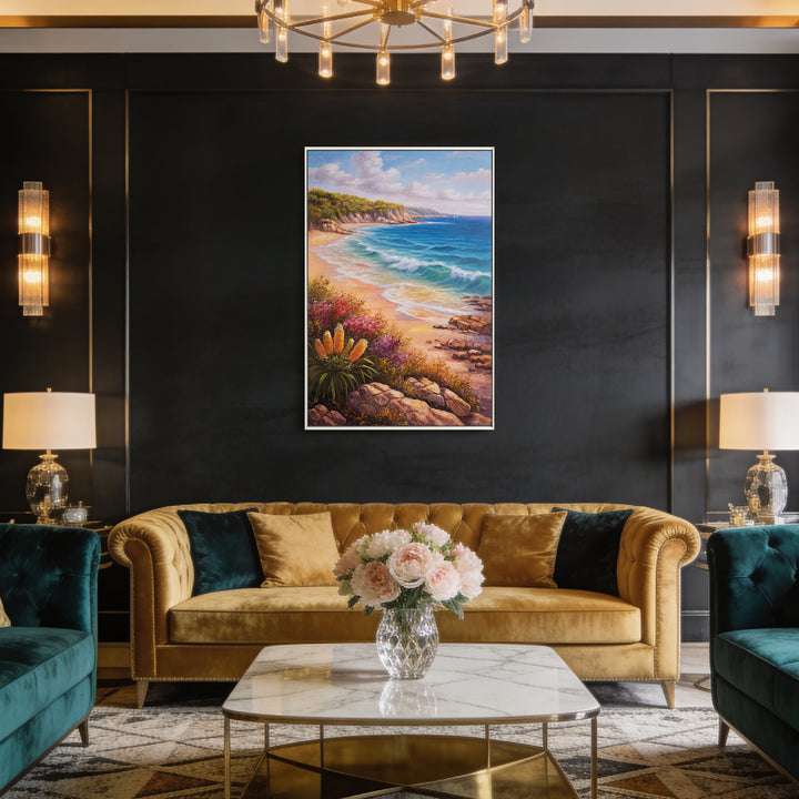 Original Australian Seascape Oil Painting - 61x91cm - Wildflowers Above Esperance, Coastal Landscape Art Version 1 close up room mockup 2
