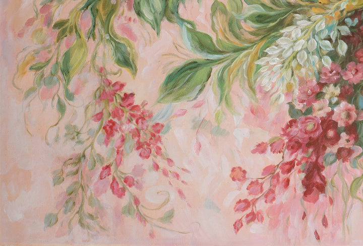 Original Abstract Floral Limited Edition Canvas Print - Flowing Botanical Arrangement with Soft Pink Tones Wall Art close up bottom left