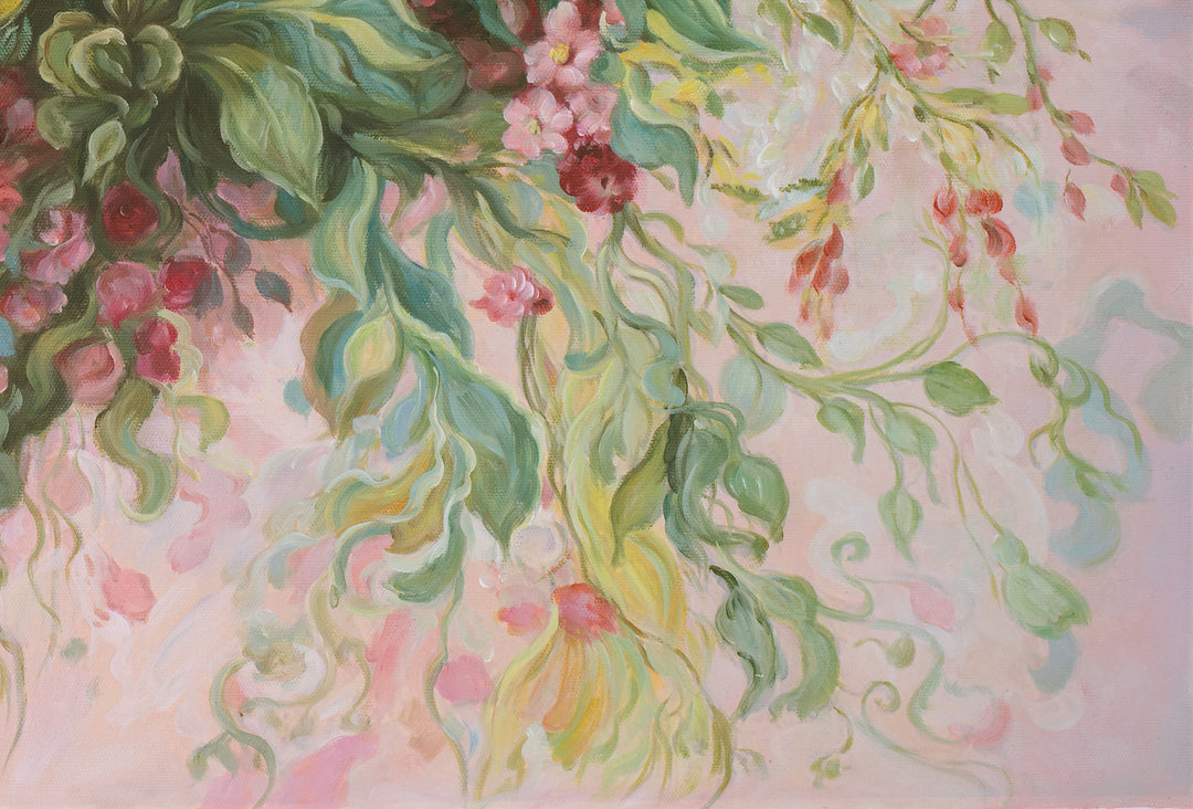 Original Abstract Floral Oil Painting - 60x90cm - Flowing Botanical Arrangement with Soft Pink Tones bottom right