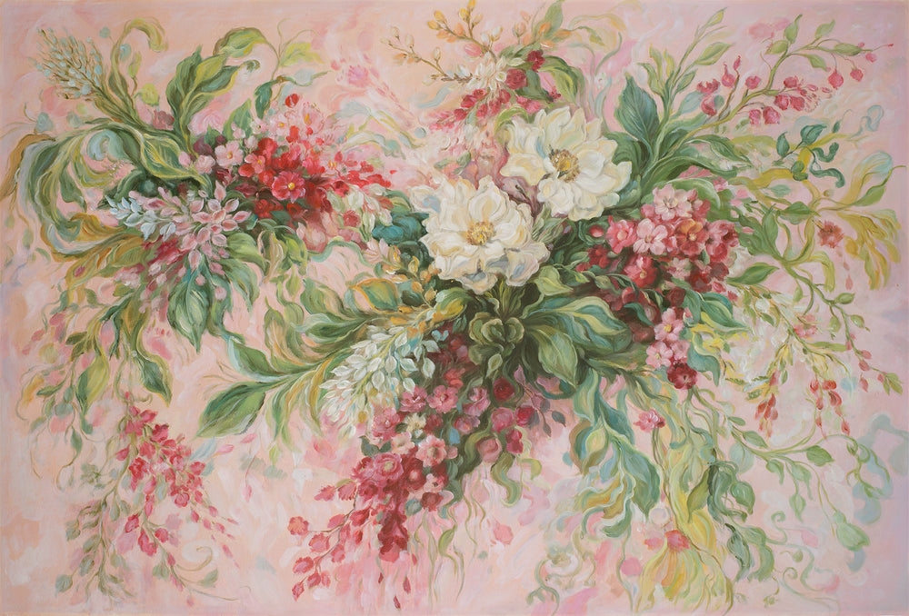 Original Abstract Floral Limited Edition Canvas Print - Flowing Botanical Arrangement with Soft Pink Tones Wall Art