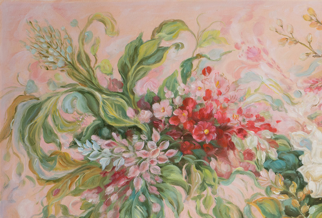 Original Abstract Floral Limited Edition Canvas Print - Flowing Botanical Arrangement with Soft Pink Tones Wall Art close up top left