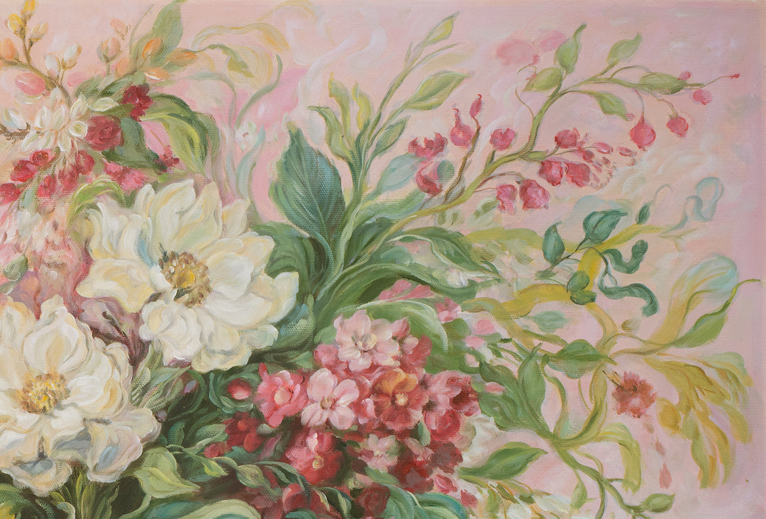 Original Abstract Floral Oil Painting - 60x90cm - Flowing Botanical Arrangement with Soft Pink Tones top right