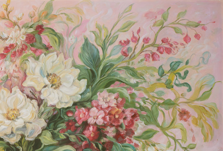 Original Abstract Floral Oil Painting - 60x90cm - Flowing Botanical Arrangement with Soft Pink Tones top right