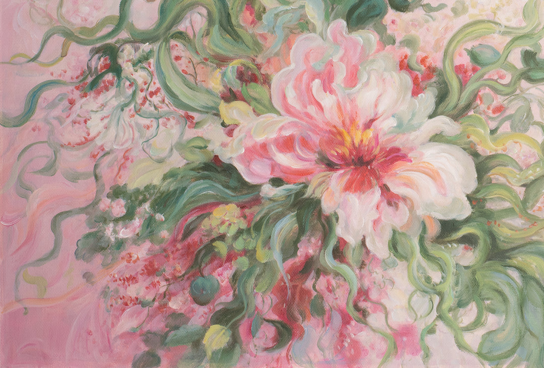 Original Abstract Floral Limited Edition Canvas Print - Pink Botanical Composition with Expressive Brushstrokes Wall Art close up bottom left