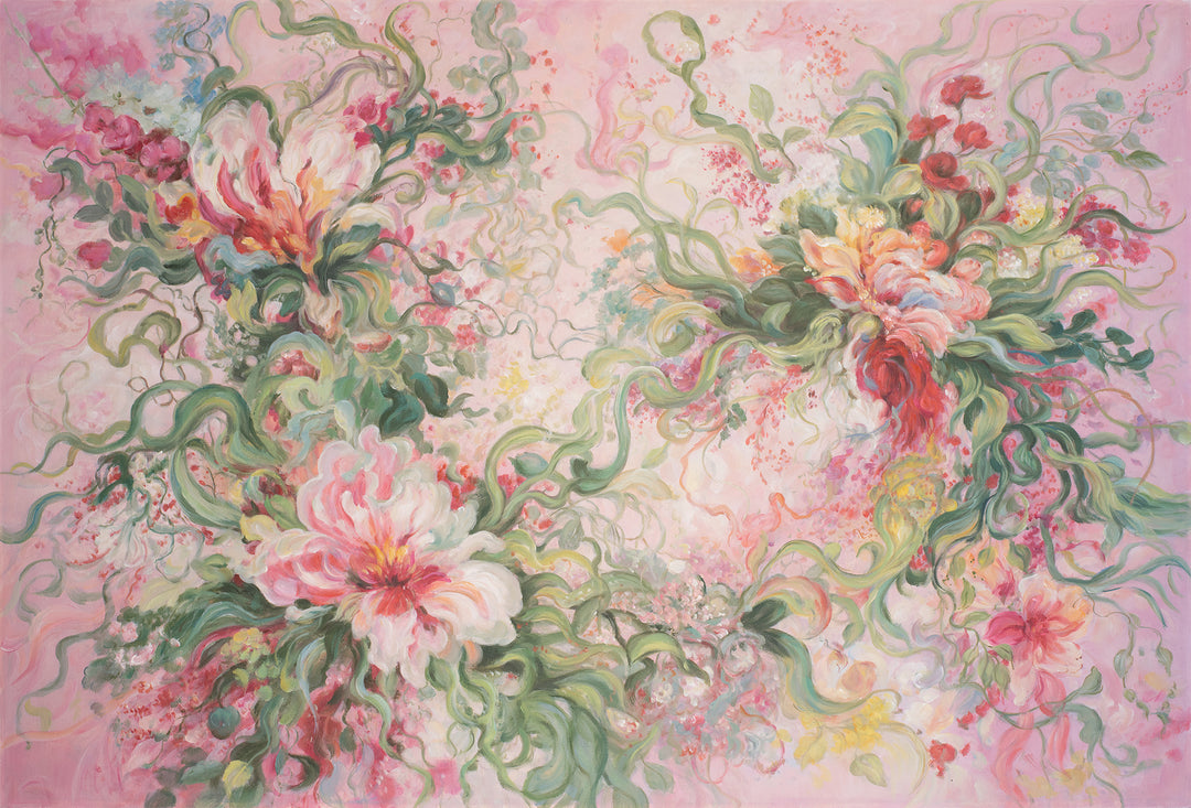 Original Abstract Floral Oil Painting - 60x90cm - Pink Botanical Composition with Expressive Brushstrokes