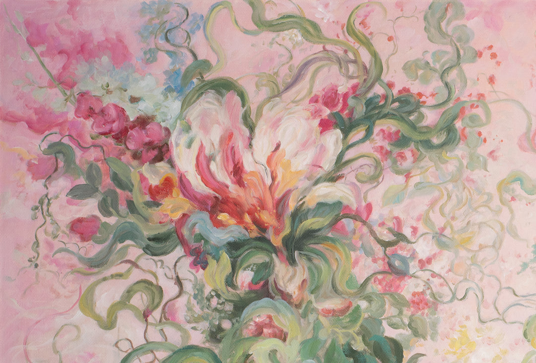 Original Abstract Floral Limited Edition Canvas Print - Pink Botanical Composition with Expressive Brushstrokes Wall Art close up top left