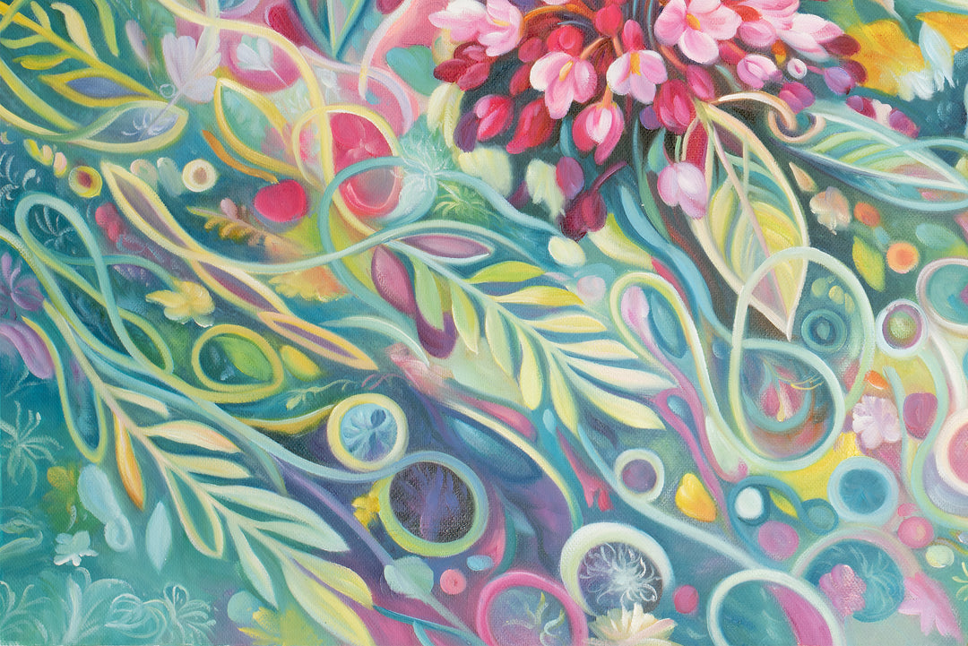Original Australian Abstract Floral Limited Edition Canvas Print - Pink Blossoms on Teal Botanical Background Wall Art close up bottom left