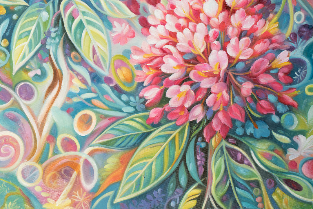 Original Abstract Floral Oil Painting - 60x90cm - Pink Blossoms on Teal Botanical Background close up bottom right