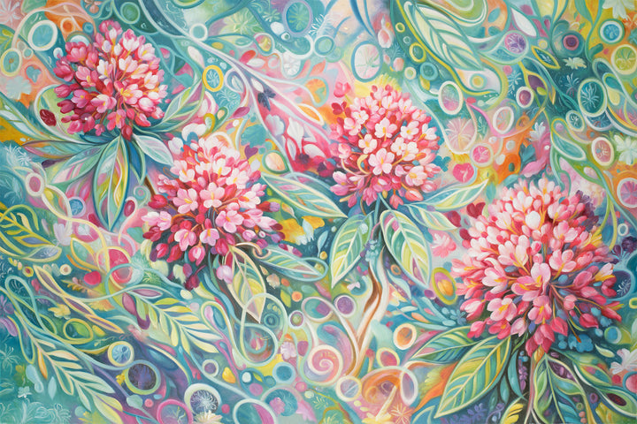 Original Abstract Floral Oil Painting - 60x90cm - Pink Blossoms on Teal Botanical Background
