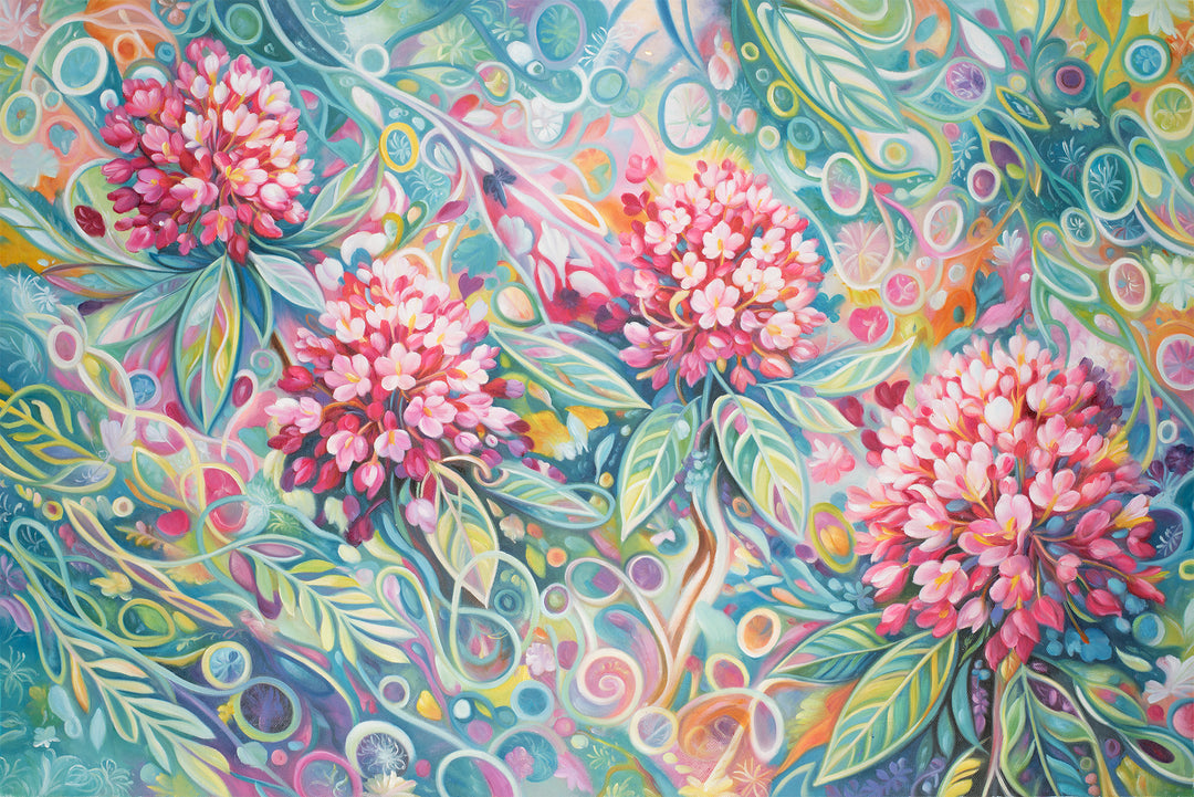 Original Australian Abstract Floral Limited Edition Canvas Print - Pink Blossoms on Teal Botanical Background Wall Art