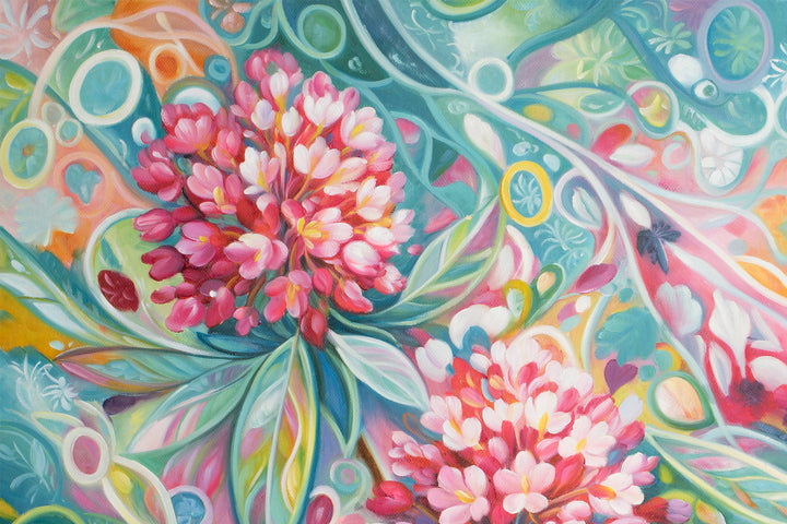 Original Australian Abstract Floral Limited Edition Canvas Print - Pink Blossoms on Teal Botanical Background Wall Art close up top left
