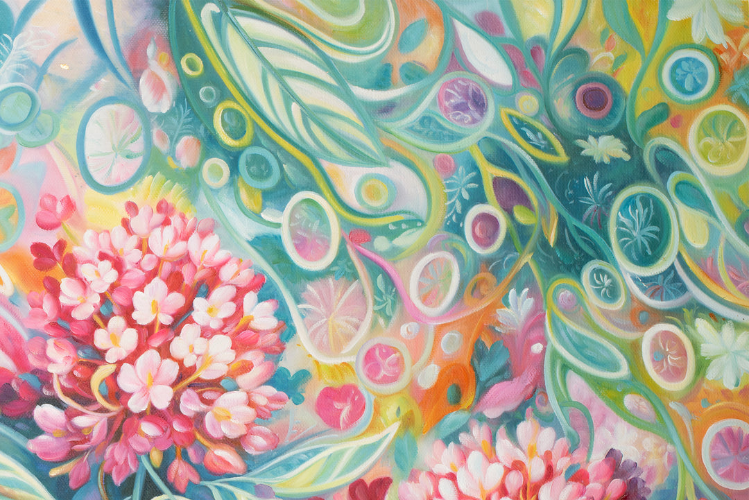 Original Abstract Floral Oil Painting - 60x90cm - Pink Blossoms on Teal Botanical Background close up top left
