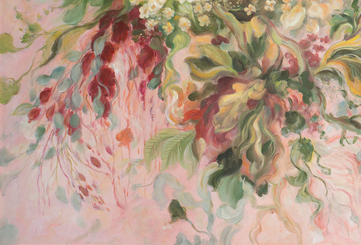 Original Abstract Floral Oil Painting - 60x90cm - Soft Pink Botanical Garden with Crimson Blooms close up bottom left