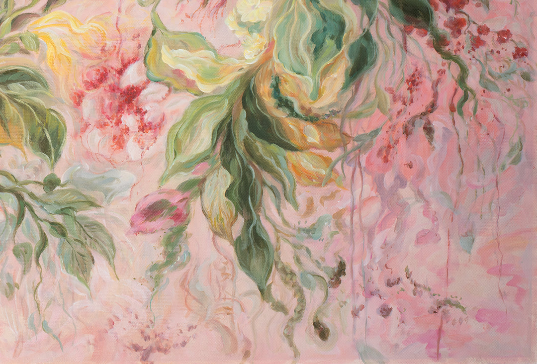 Original Abstract Floral Limited Edition Canvas Print - Soft Pink Botanical Garden with Crimson Blooms Wall Art close up bottom right