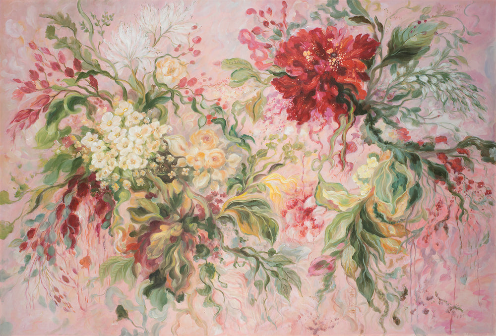 Original Abstract Floral Limited Edition Canvas Print - Soft Pink Botanical Garden with Crimson Blooms Wall Art