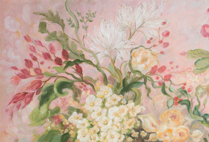 Original Abstract Floral Oil Painting - 60x90cm - Soft Pink Botanical Garden with Crimson Blooms close up top left