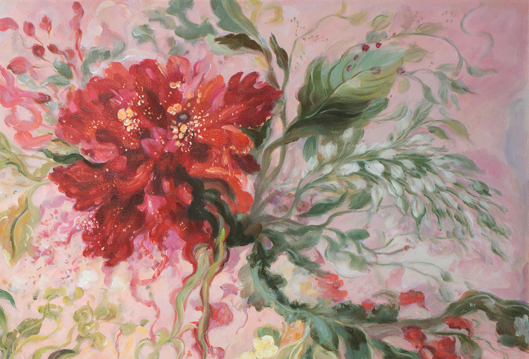 Original Abstract Floral Limited Edition Canvas Print - Soft Pink Botanical Garden with Crimson Blooms Wall Art close up top right