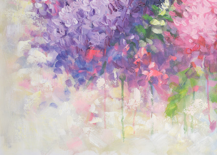 Original Abstract Floral Oil Painting - 60x90cm - Soft Pink, Lilac and White Botanical Composition close up bottom left