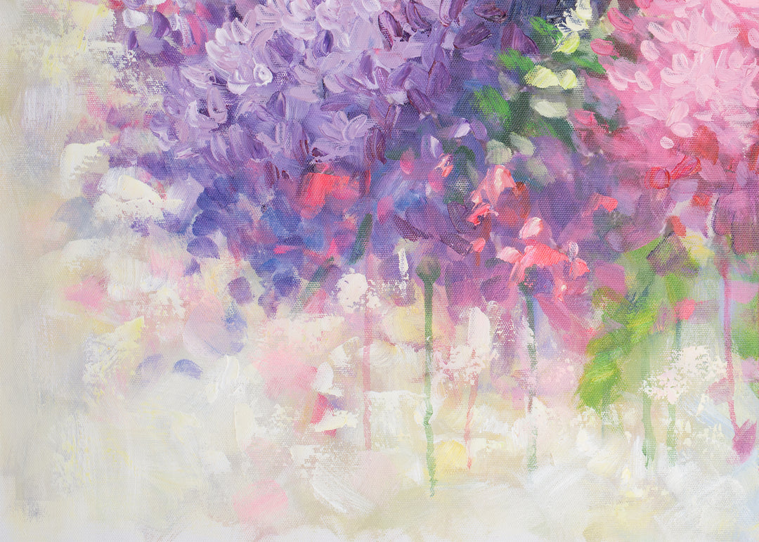 Original Abstract Floral Limited Edition Canvas Print - Soft Pink, Lilac and White Botanical Wall Art close up bottom left