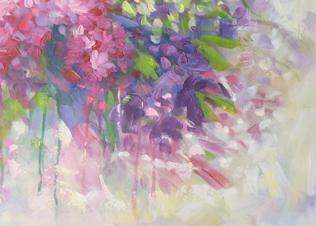 Original Abstract Floral Oil Painting - 60x90cm - Soft Pink, Lilac and White Botanical Composition close up bottom right