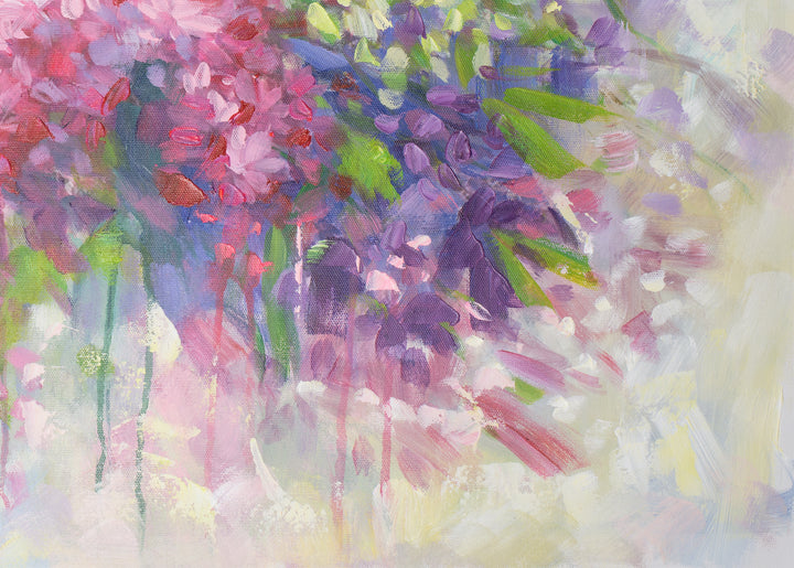 Original Abstract Floral Oil Painting - 60x90cm - Soft Pink, Lilac and White Botanical Composition close up bottom right