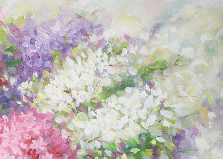 Original Abstract Floral Oil Painting - 60x90cm - Soft Pink, Lilac and White Botanical Composition close up top right