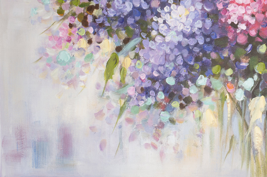 Original Abstract Floral Limited Edition Canvas Print - Vibrant Pink, Purple and White Bouquet Wall Art close up bottom left
