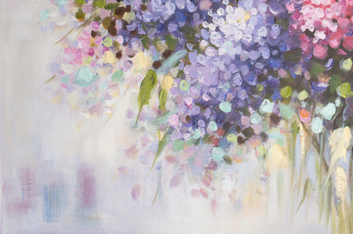 Original Abstract Floral Limited Edition Canvas Print - Vibrant Pink, Purple and White Bouquet Wall Art close up bottom left