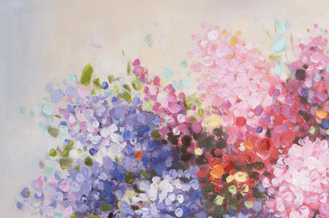 Original Abstract Floral Limited Edition Canvas Print - Vibrant Pink, Purple and White Bouquet Wall Art close top left