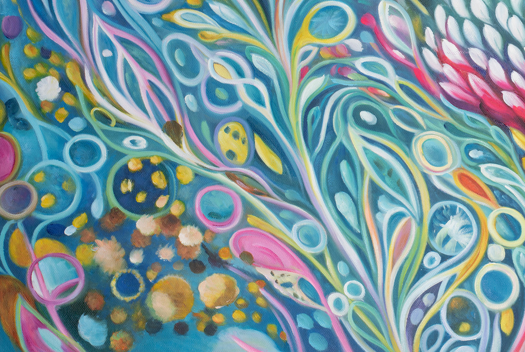 Original Abstract Botanical Oil Painting - 60x90cm - Waratah Blooms in Teal and Pink close up bottom left