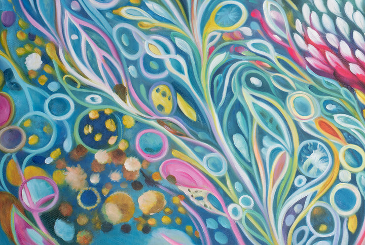 Original Australian Abstract Botanical Limited Edition Canvas Print - Waratah Blooms in Teal and Pink Wall Art close up bottom left
