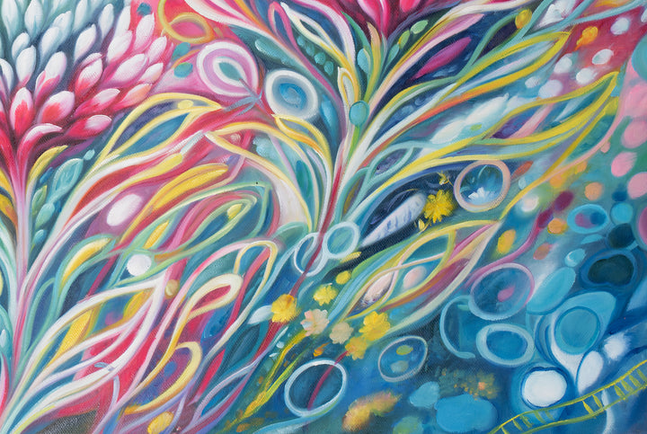 Original Abstract Botanical Oil Painting - 60x90cm - Waratah Blooms in Teal and Pink close up bottom right