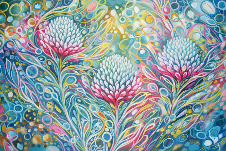Original Abstract Botanical Oil Painting - 60x90cm - Waratah Blooms in Teal and Pink