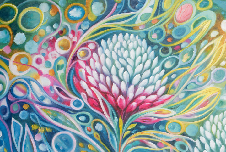 Original Australian Abstract Botanical Limited Edition Canvas Print - Waratah Blooms in Teal and Pink Wall Art close up top left