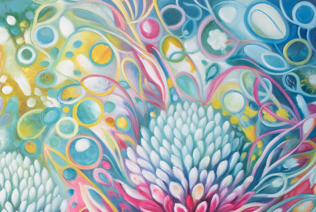 Original Abstract Botanical Oil Painting - 60x90cm - Waratah Blooms in Teal and Pink close up top right