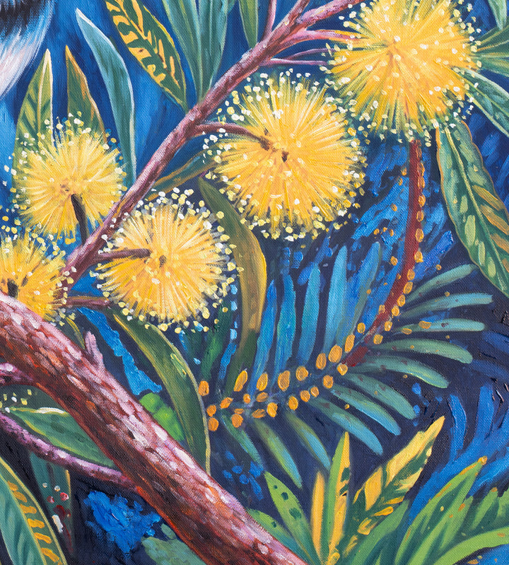 Original Australian Fairy Wren Limited Edition Canvas Print - Wattle Branch with Golden Blooms Wall Art close up detail bottom right