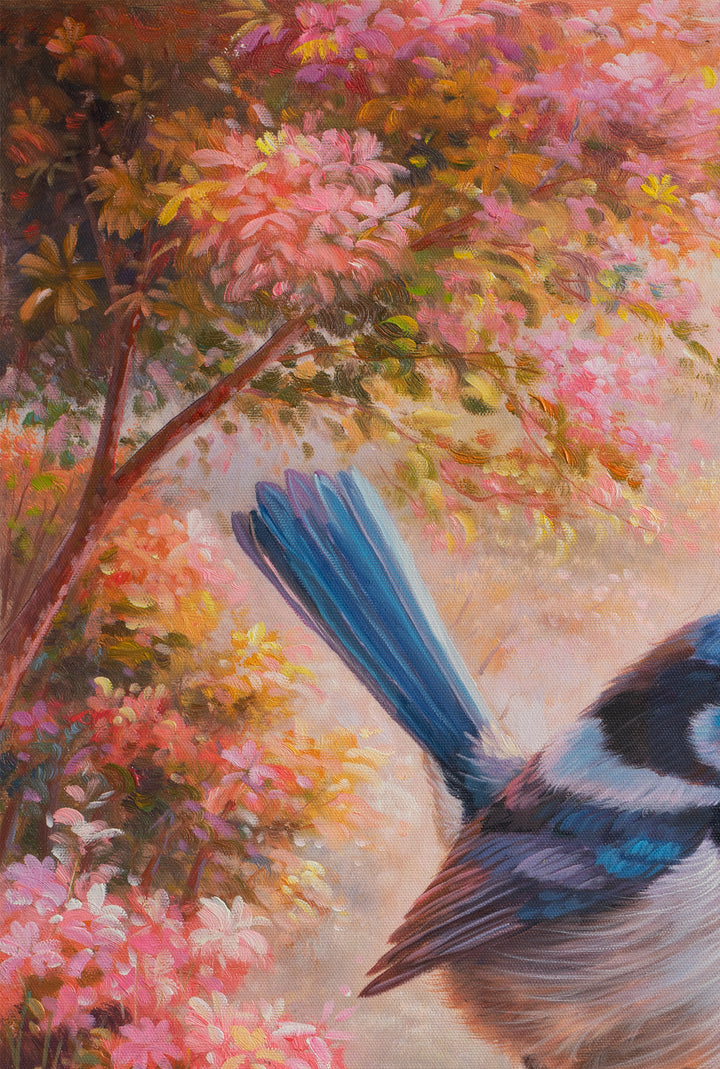 Original Fairy Wren Oil Painting - 60x90cm - Blue Fairy Wren on Mossy Branch, Colourful Australian Bird Art top left