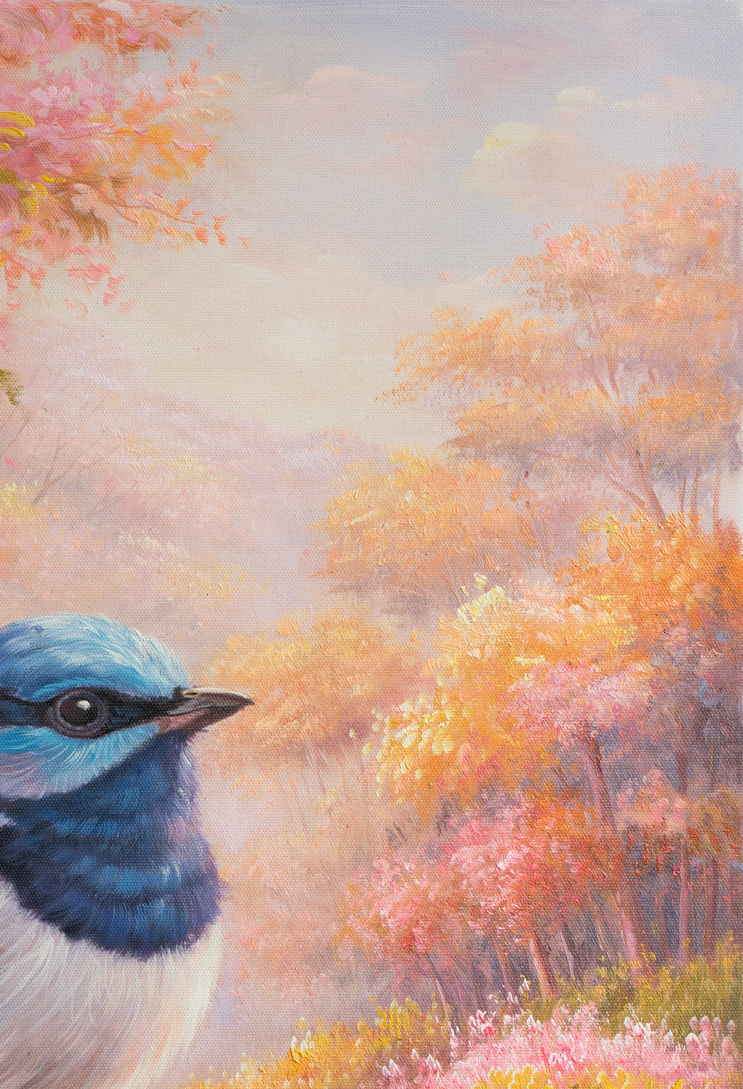 Original Fairy Wren Oil Painting - 60x90cm - Blue Fairy Wren on Mossy Branch, Colourful Australian Bird Art top right