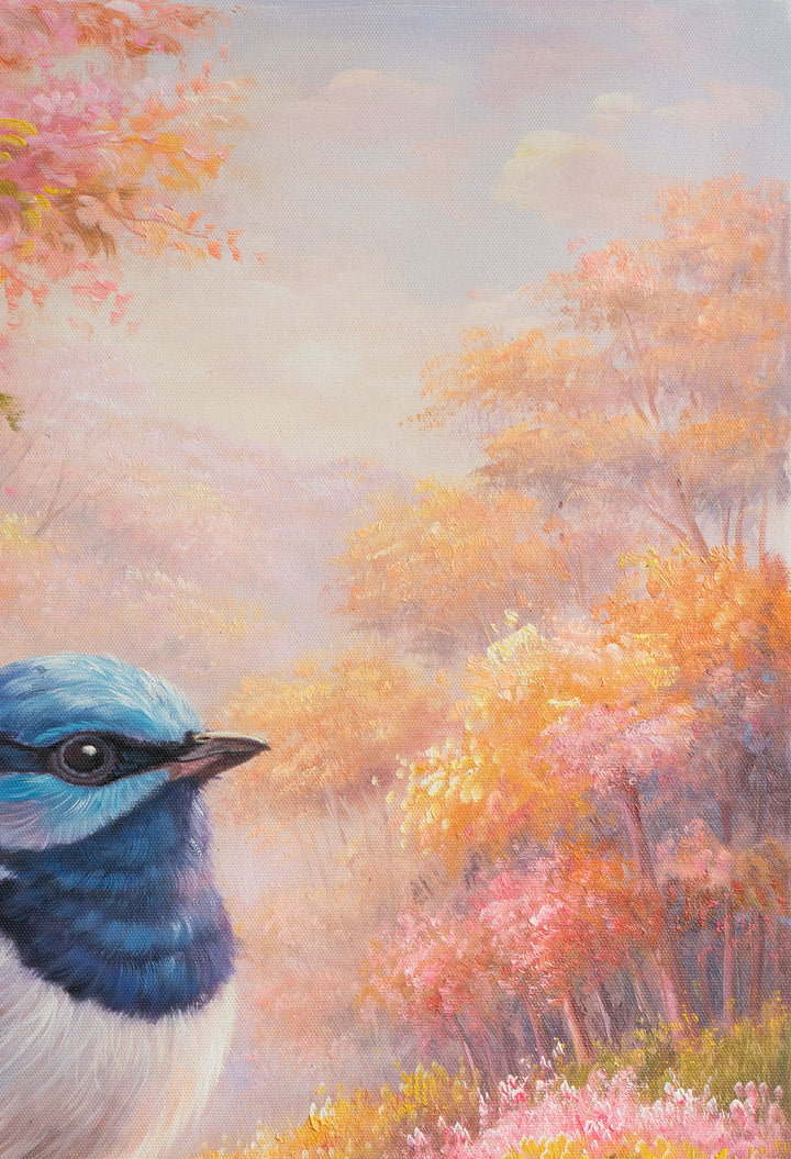 Original Fairy Wren Oil Painting - 60x90cm - Blue Fairy Wren on Mossy Branch, Colourful Australian Bird Art top right