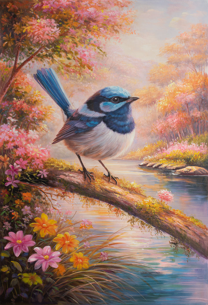 Original Fairy Wren Oil Painting - 60x90cm - Blue Fairy Wren on Mossy Branch, Colourful Australian Bird Art