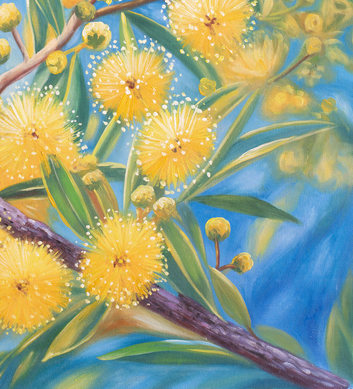 Original Australian Bird Oil Painting - 80x90cm - Fairy Wren on Wattle Branch with Soft Blue Background close up bottom right