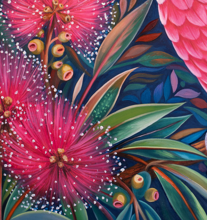 Original Galah Oil Painting - 80x90cm - Pink Galah Amongst Blossoms, Colourful Australian Bird Art close up bottom left