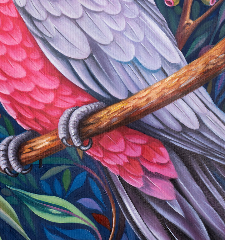 Original Galah Oil Painting - 80x90cm - Pink Galah Amongst Blossoms, Colourful Australian Bird Art close up bottom right