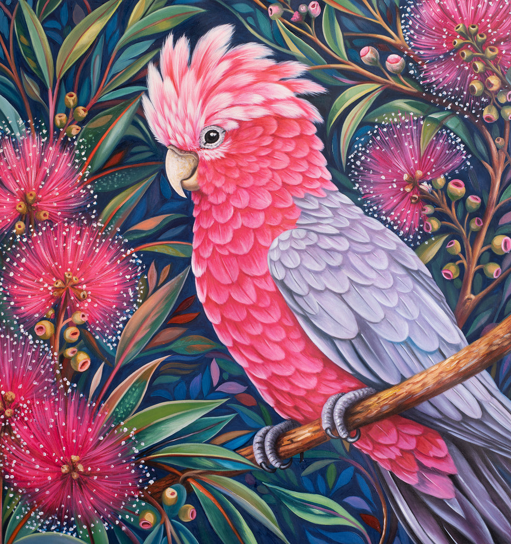 Original Galah Oil Painting - 80x90cm - Pink Galah Amongst Blossoms, Colourful Australian Bird Art