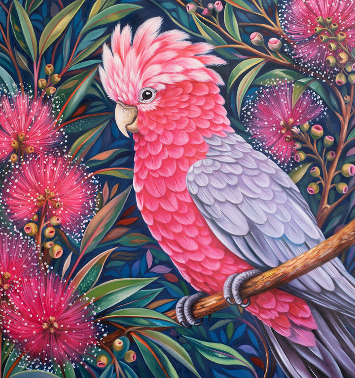 Original Galah Oil Painting - 80x90cm - Pink Galah Amongst Blossoms, Colourful Australian Bird Art